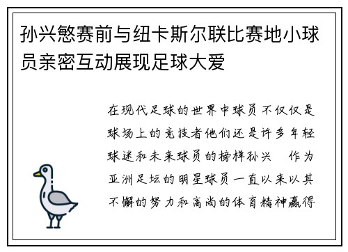 孙兴慜赛前与纽卡斯尔联比赛地小球员亲密互动展现足球大爱