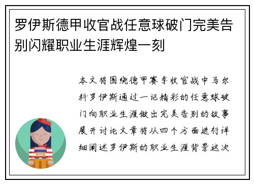 罗伊斯德甲收官战任意球破门完美告别闪耀职业生涯辉煌一刻