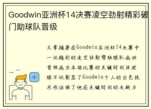 Goodwin亚洲杯14决赛凌空劲射精彩破门助球队晋级